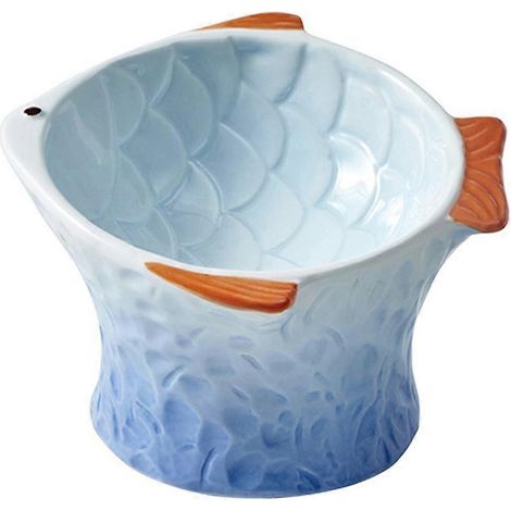 Gamelle surélevée en céramique pour chat, en forme de poisson rose mignon, bleu ciel. (1/5)