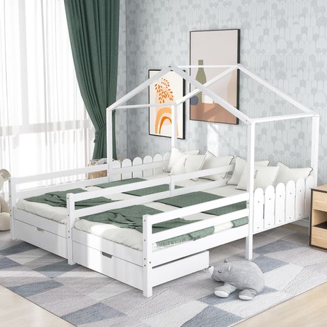 Letto per bambini 90x200cm/90x200cm, Casa letto per 2 bambini con letto matrimoniale diviso, 2 cassetti su rotelle, protezione anticaduta e rete a doghe in legno di pino, due letti singoli Letti per r (1/5)