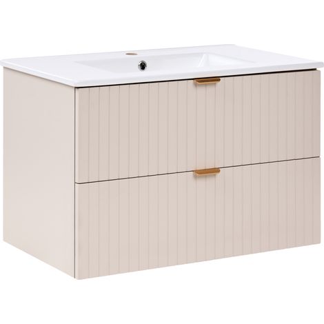 Mueble de pared para baño con lavabo 2 cajones frente acanalado tiradores dorados mueble suspendido beige Totorani (1/5)