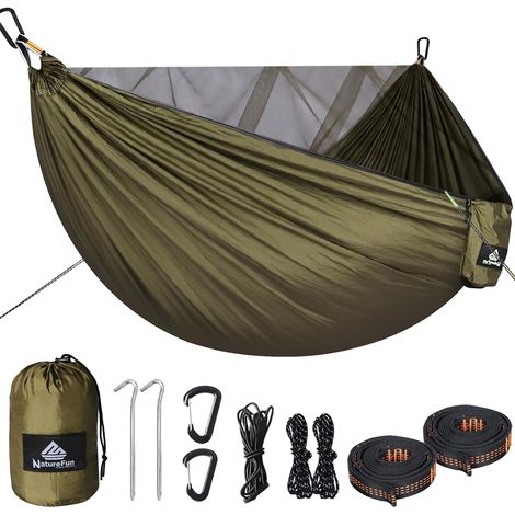Hamac de Camping avec Moustiquaire  Capacité de Charge de 300kg, (290 x 140 cm) Nylon Parachute Respirant, séchage Rapide  Accessoires complets  Hamac de Voyage Facile à Installer