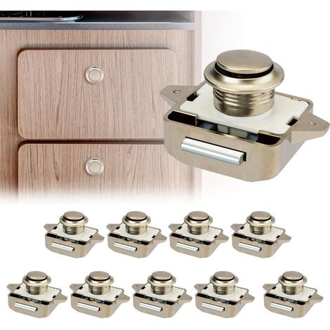 Lot de 10 Bouton Poussoir Verrou Armoire Loquet Sans Clé, Loquet à Bouton Poussoir Ajustement 15-18mm épaisseur RV Bateau Van Yacht Camping Car Placard Porte Armoire