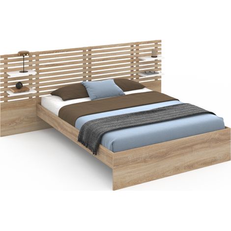 Idmarket – Lit double AMALIA 140 x 190 cm – Tête de lit avec étagères modulables – Sommier à lattes 26 – Bois hêtre et blanc (1/5)