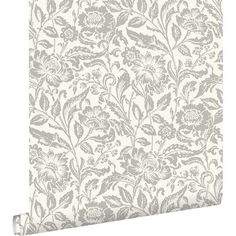 papier peint fleurs vintage gris et blanc - ESTAhome (1/5)