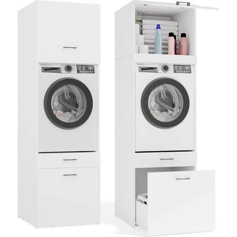 Pola 2s avec rehausse- meuble de salle de bains pour lave-linge et sèche-linge - 2 tiroirs, étagère - 64x212x64 cm - blanc (1/5)