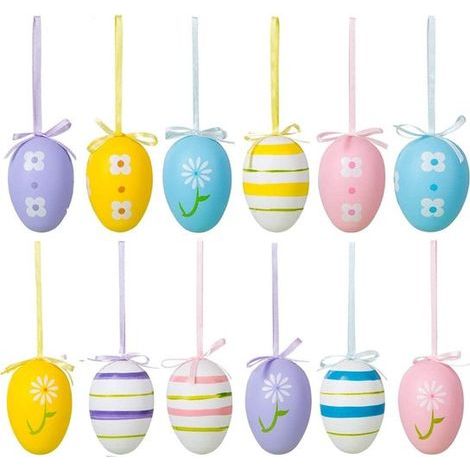 12 hängende Ostereier – Bunte, dekorative Ostereier – Osterdekoration mit Kordel (A) (1/5)