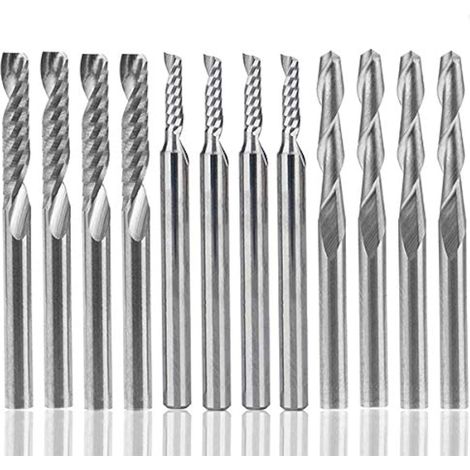 Lntyq 12 Stück Wolframkarbid-Schaftfräser, 4 Bilder 1/8 Zoll für CNC-Fräser, Doppelschneidewerkzeuge + 8 Stück einschneidige Schaftfräser (2 Typen) für Nylon, Harz, ABS, Acryl, PVC, MDF, Holz (1/5)