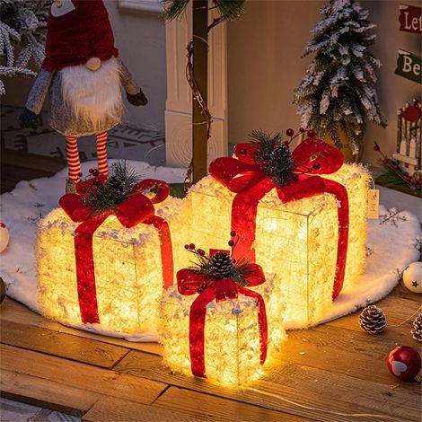 3pcs blanc floqué LED décoration de Noël lumineuse, sac cadeau de Noël, boîte-cadeau, arrangement de scène de boîte-cadeau ornements décoratifs (1/5)