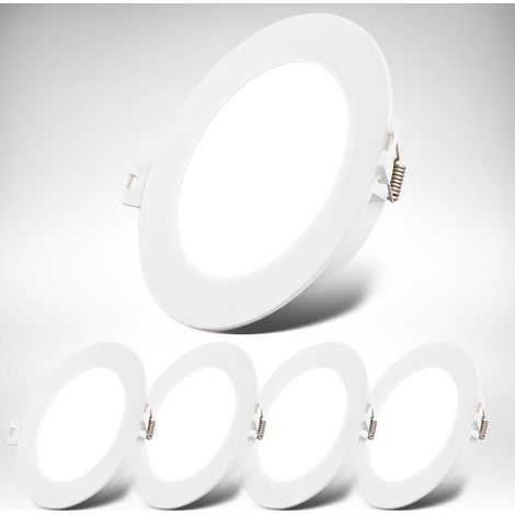 B.K.Licht Lot de 5 spots LED encastrables 230V, IP20, extra plat, lumière blanche neutre 4000K, 6W 660lm/spot, blanc, perçage Ø100mm, Ø120mm