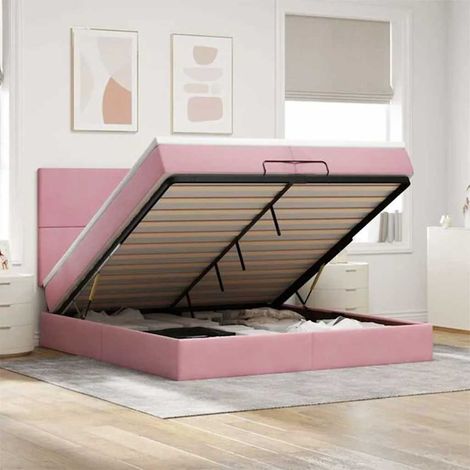 Estructura de cama otomana colchones terciopelo rosa 200x200cm (1/5)