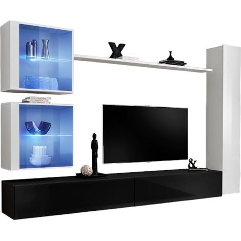 Composición mural SWITCH XVIII mueble TV suspendido negro y blanco brillante