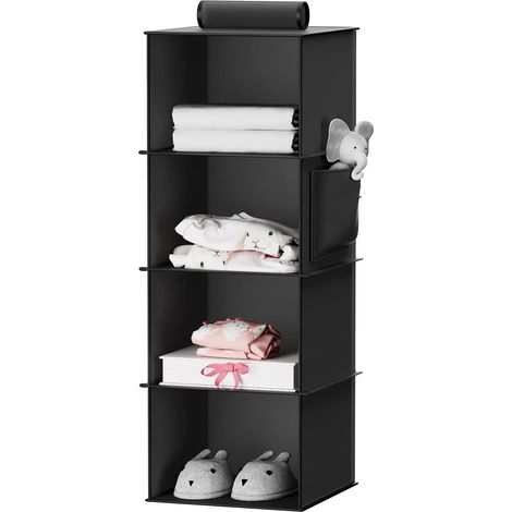 Étagère Suspendue à 4 Niveaux, Pliable, Rangement Suspendu, Organisateur de vêtements, en Tissu, Renfort Intérieur en Bambou, MDF, Noir (1/5)