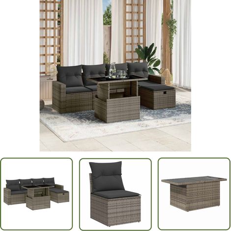 The Living Store Salon de jardin 6 pcs avec coussins gris résine tressée - Ensemble Salon De Jardin - Mobilier De Jardin - Salon Extérieur - Table Basse Extensible - Chaise Longue (1/5)