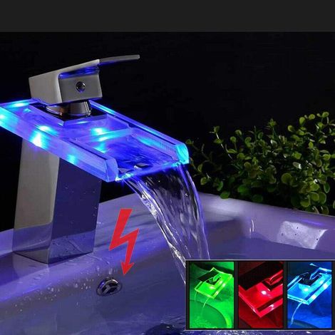 Robinet électrique, robinet de salle de bain à cascade en verre éclairé par LED avec éclairage à 3 couleurs changeantes Robinet de salle de bain (1/5)