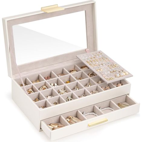 Boîte Boucles Oreille, Range Bijoux Femme, avec Multiples Tiroirs et Compartiments -2 Niveaux, Blanc (1/5)
