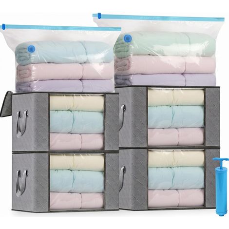 Kit de Rangement Housse de Rangement Sous Vide Grande Capacité XXL, 4 Sacs Sous Vide, 4 Sacs de Rangement en non-tissé et 1 Pompe, pour Duvet Couette Oreillers Vêtements la Literie (1/5)