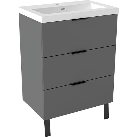 Acezanble 600mm Matt Grey Bathroom Vanity Unit with Wash Resin Basin Floor Standing Storage Cabinet 3 Drawers