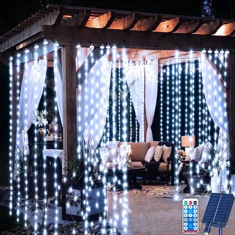 Rideau Lumineux Solaire Extérieur 3m x 3m 300LED Lumineuse Solaire avec Télécommande, 8 Modes Cascade Solaire d'extérieur étanche pour Jardin, Balcon, Tonnelle, Déco de Fête(Blanc Froid) (1/5)