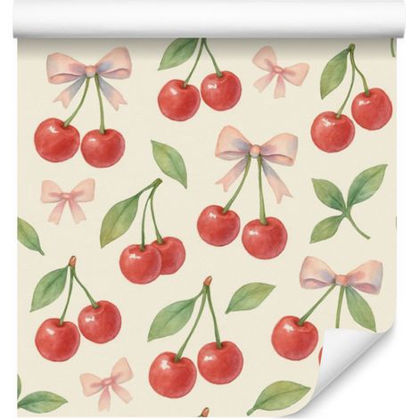 Papel pintado color crema y cerezas blancas para salón y dormitorio, 50x1000 cm. (1/4)