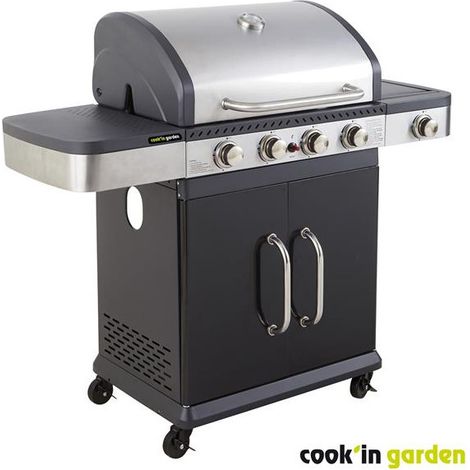 Cook'In Garden – Barbecue à gaz 4 brûleurs inox – Réchaud latéral – Puissance 14,5 kW – Surface de cuisson 70 x 42 cm – Chariot tout métal