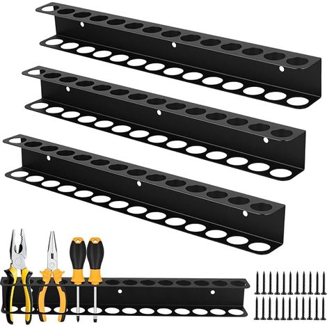 Lot de 4 porte-outils muraux, 40,2 x 4,1 x 4,8 cm, à 14 trous, en acier, noir, pour atelier et garage (1/5)