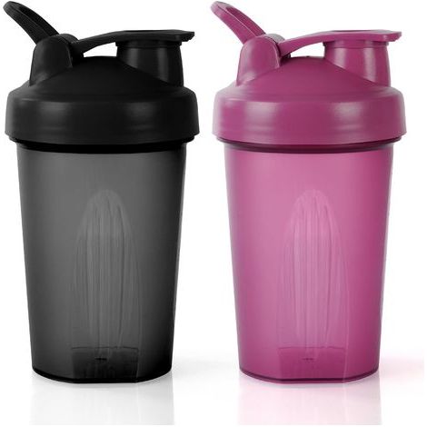 Set mit 2 Protein-Shakern aus Edelstahl (400 ml) mit Mixkugel, für Proteinshakes und Nahrungsergänzungsmittel, auslaufsicher, mit Klappdeckel, BPA-frei, schwarz und lila (1/5)