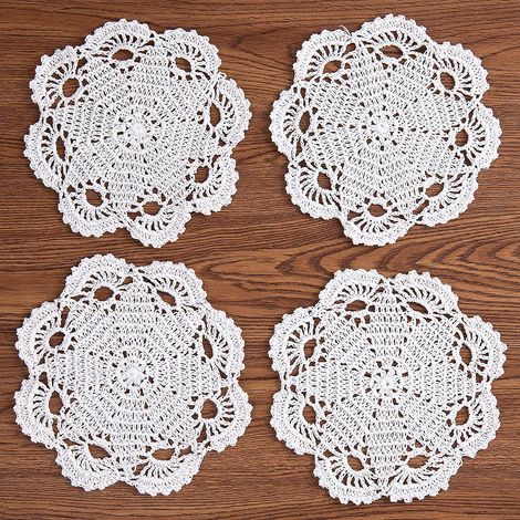 Napperons, sets de table et dessous de verre en dentelle crochetés à la main en coton, 20 cm, lot de 4 (blanc) (1/5)