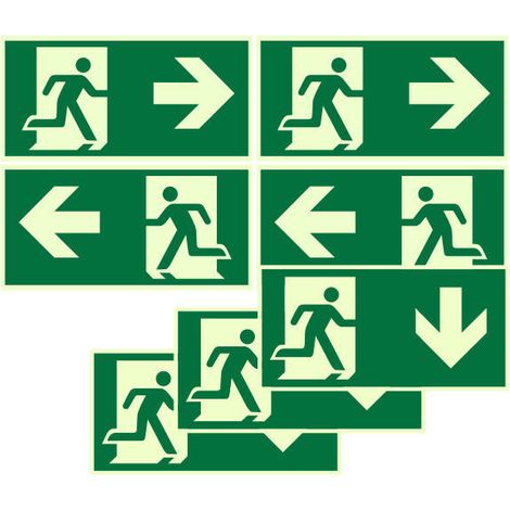 7 unidades de señales de salida de emergencia, señales de salida de incendios, señales de salida con flecha izquierda, derecha y abajo, señalización de seguridad, pegatinas de vinilo para puertas de o (1/5)