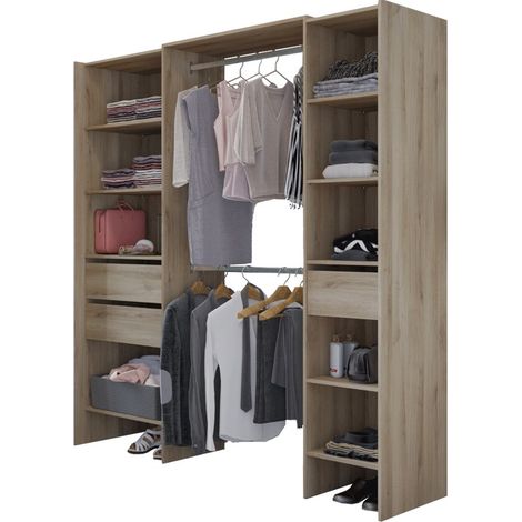 Miroytengo – Dressing modulable extensible 192 cm – Décor chêne Kronberg – 2 colonnes, double penderie et 3 tiroirs – Fabrication française
