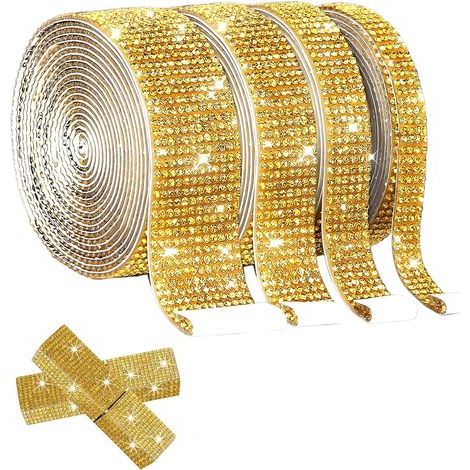 4 Rouleaux Ruban Strass Autocollant, Ruban de Diamant Strass Auto-Adhési, pour Bricolage Voiture Art Artisanat Décors (Or) (1/5)