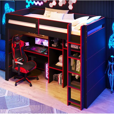 Letto a soppalco gaming 90x200 cm con scrivania, armadio, LED e USB, nero-rosso (1/5)