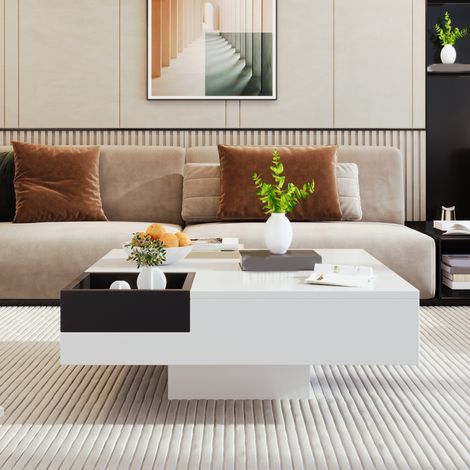 Table basse 72x72x30 cm blanc et noir en panneau de particules brillant avec coffre amovible et LED (1/5)