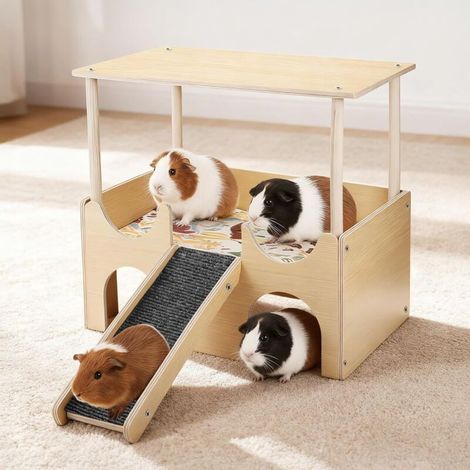 comeder Mehrstöckiges Meerschweinchenhaus mit Treppe und Matte - Geeignet für Kleintiere (1/4)