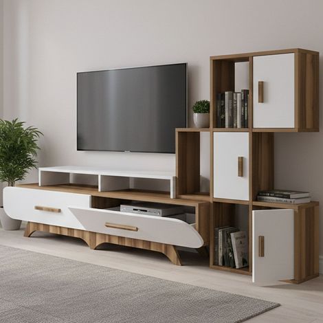 Dmora - Wohnzimmermöbel Zephyria, Modulares Wohnzimmerset, Mehrzweck-Wohnzimmermöbel, Moderner TV-Schrank, 205x37h50 cm, Walnuss und Weiß, mit verstärkter Verpackung (1/5)