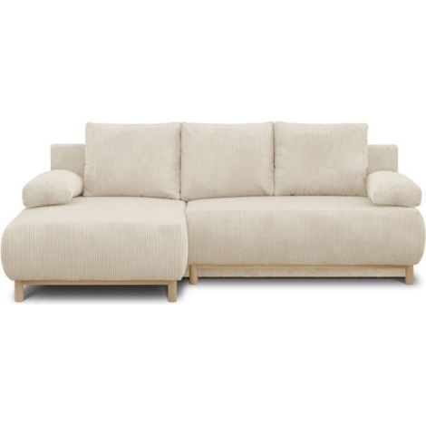Canapé d'angle gauche convertible 3 places – Velours côtelé beige – Coffre de rangement – Couchage 130 x 210 cm – Dimensions L218 x P98/145 x H84 cm (1/5)