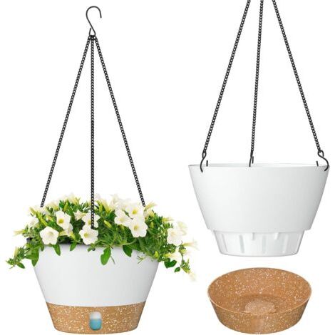 BUNTHAUS Hängende Pflanzgefäße, 16,5 cm Durchmesser, für den Innen- und Außenbereich, Hängender Blumentopf mit Abflussloch und 2 Haken für Garten und Zuhause (Weiß)