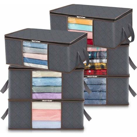 Lot de 6 Sac de Rangement Vetement 35L, Boîte de Rangement Sous lit Pliable, Housse Rangement Couette Organisateur de Placard, Fenêtre Transparente en Tissu Solide pour les Vêtements, Gris