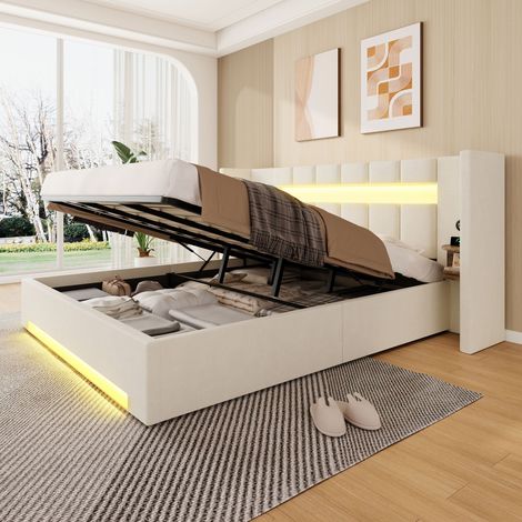 Lit coffre 180/200 cm beige en velours avec tête de lit large, USB, LED et rangements (1/5)