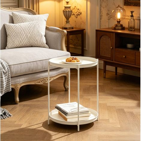 Runder Metall-Beistelltisch mit 2 Ablagen, 44 x 44 x 53 cm, Cremeweiß (1/5)