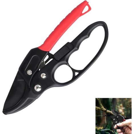 Ratschen-Gartenschere (1 Stück) – Gartenschere – Legierter Stahl – Gekreuzte Klingen – Geeignet für Pflanzen, Hecken und Blumen – 20 cm – Rot-schwarze Streifen