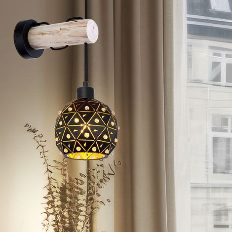 Applique murale Applique murale Lampe de salon Bois avec abat-jour en cristal sphérique, abat-jour à barre ronde, 1x E27, L x H x P 15x40x25 cm, salon (1/5)