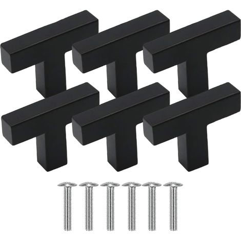 6 tiradores cuadrados en forma de T de acero inoxidable negro con tornillos para cajones y armarios. (1/4)
