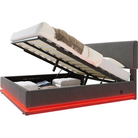CHICFURN cama canapé 140x200 cm de tela acanalada gris oscuro con LED y USB-C, sin colchón (1/5)