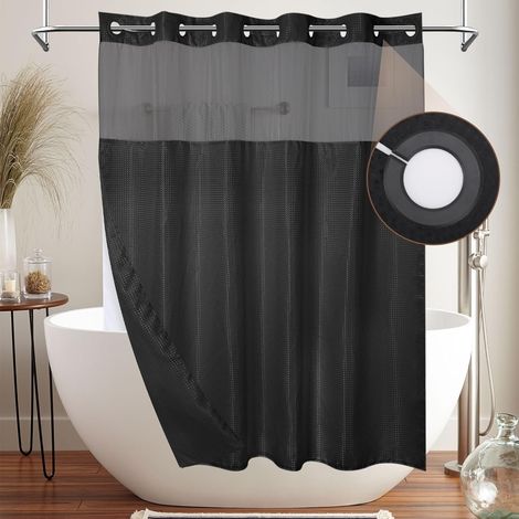 Nannigr Rideau de douche de 180 x 180 cm, tissage gaufré avec doublure en tissu à clipser, pas besoin de crochets, style hôtel avec fenêtre sur le dessus en maille, NOIR