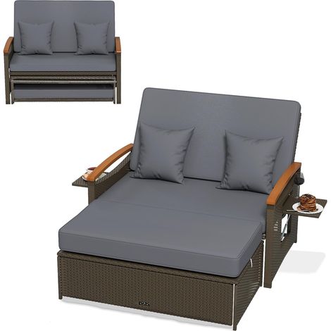 COSTWAY Salon de Jardin en Rotin avec Ottoman de Rangement Charge 360KG, Bain de Soleil avec Plateau Latéral Rétractable Dossier Réglable Coussins 4 Positions, Canapé à 2 Places (Gris) (1/5)