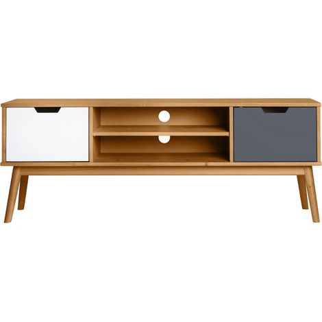 Meuble TV en pin massif blanc et gris, meuble de rangement coloris naturel - Longueur 140 x Profondeur 40 x Hauteur 52.5 cm -PEGANE- (1/5)