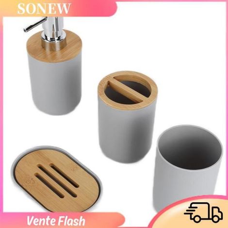 Tasse A Brosse A Dents - Porte Savon - Distributeur De Lotion - Tasse A Rince Bouche - Ensemble Salle De Bain 4 Pieces - Gris (1/5)