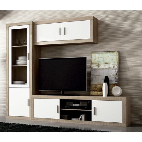 Ensemble de salon, meuble TV + meuble haut + vitrine coloris chêne cambrian, blanc -PEGANE- (1/5)