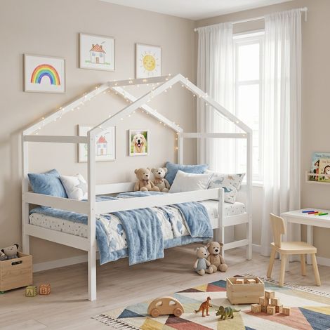 Lit cabane MIKA 90x190 + sommier + Matelas IRIS / Blanc/ 199x95x165 (1/5)