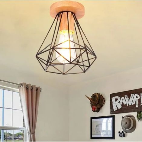 U-Do Plafonnier Intérieur style Vintage Cage frome Diamant en Métal Noir Lampe en Bois pour Salon Cuisine (1/4)