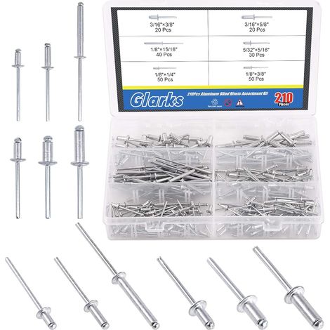 Ensemble de rivets aveugles de 210 pièces en aluminium avec corps en acier, tête en dôme, mandrin en 6 tailles (1/5)